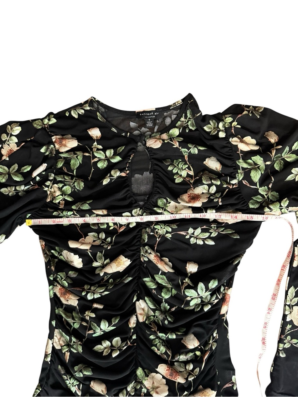 Black Floral Ruched Mesh Top Keyhole Puff Sleeve Romantic Cottagecore Feminine - Picture 4 of 15